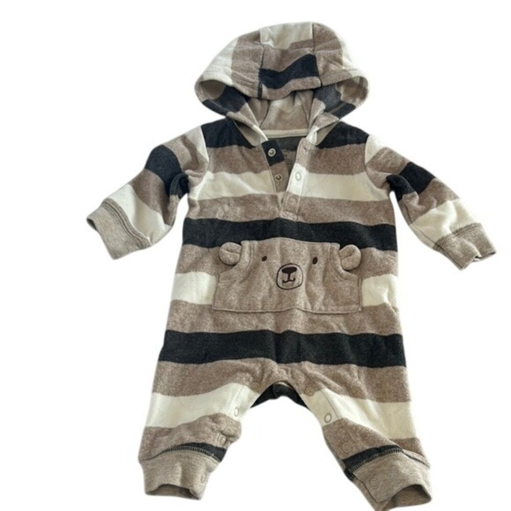 Carter's Fleece Gray & Tan Striped Hoodie One Piece, 3 Months